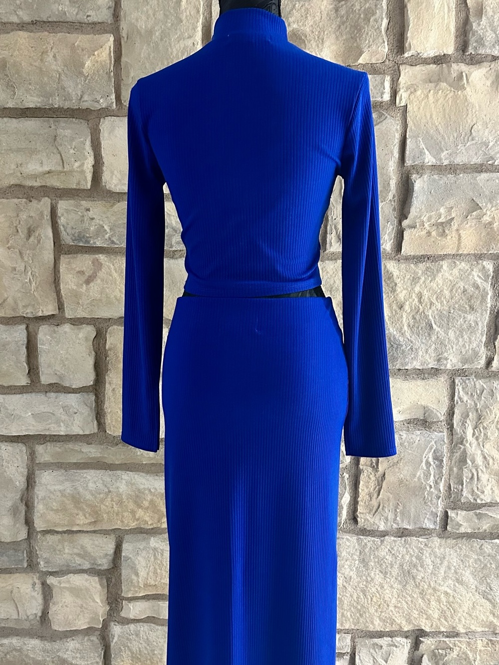 Blue Ribbed Long-Sleeve Mock Two-Piece skirt and top - Picture 2 of 3